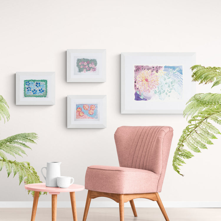 collection of framed original watercolour paintings by artist Marissa Schiesser