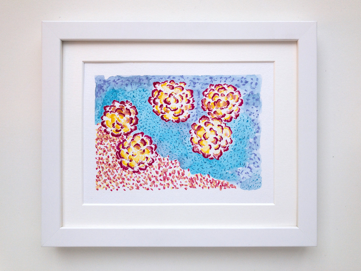 floral endless framed original watercolour painting bright blue