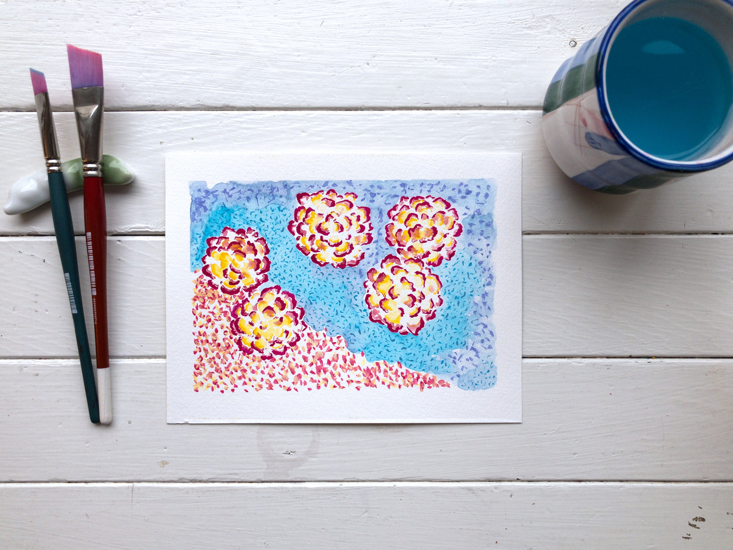 floral endless original watercolour painting studio desk paint brushes