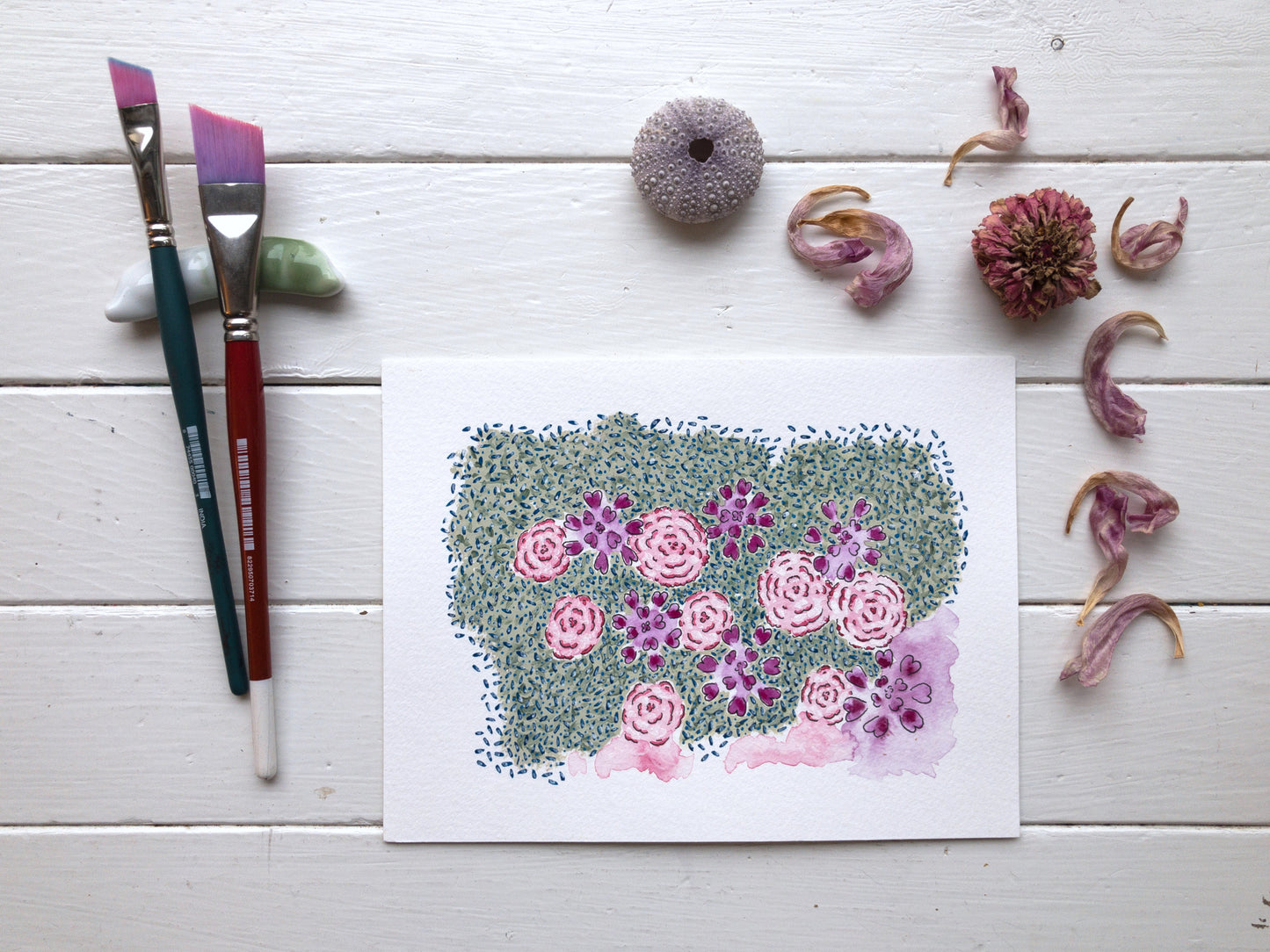 floral eternal original watercolour painting studio with paint brushes