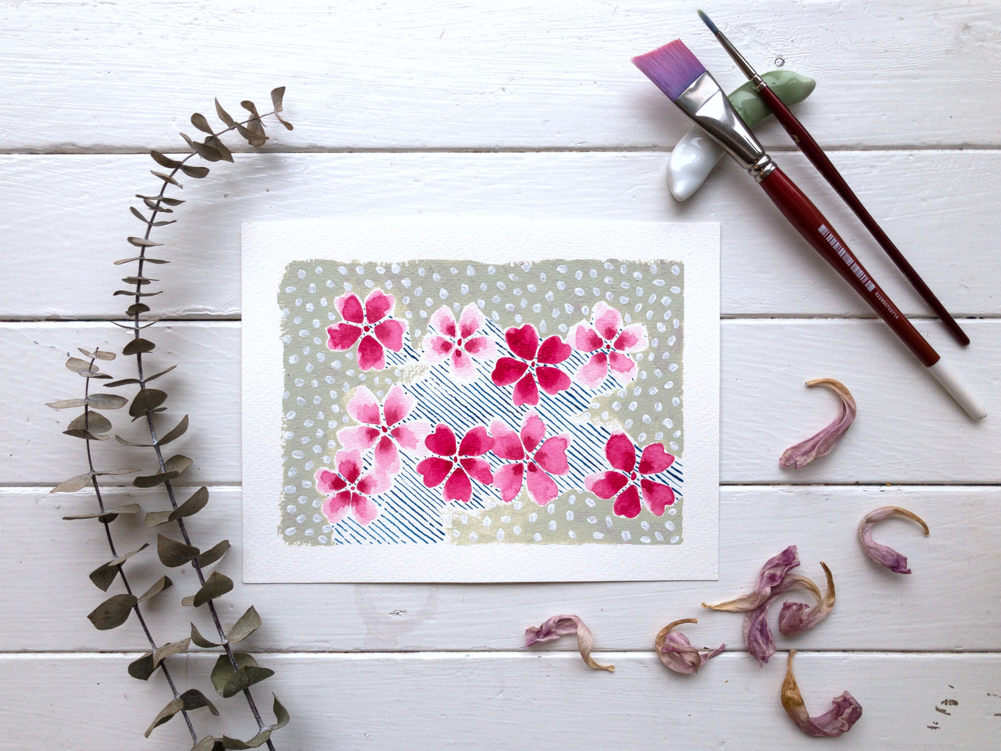 floral evermore original watercolour painting in situ with paint brushes