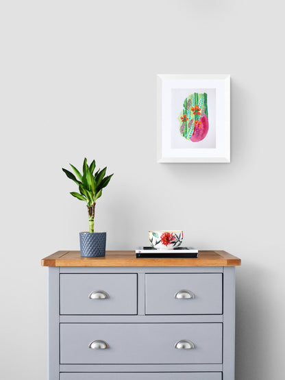 floral immortal original framed watercolour painting displayed on bedroom wall