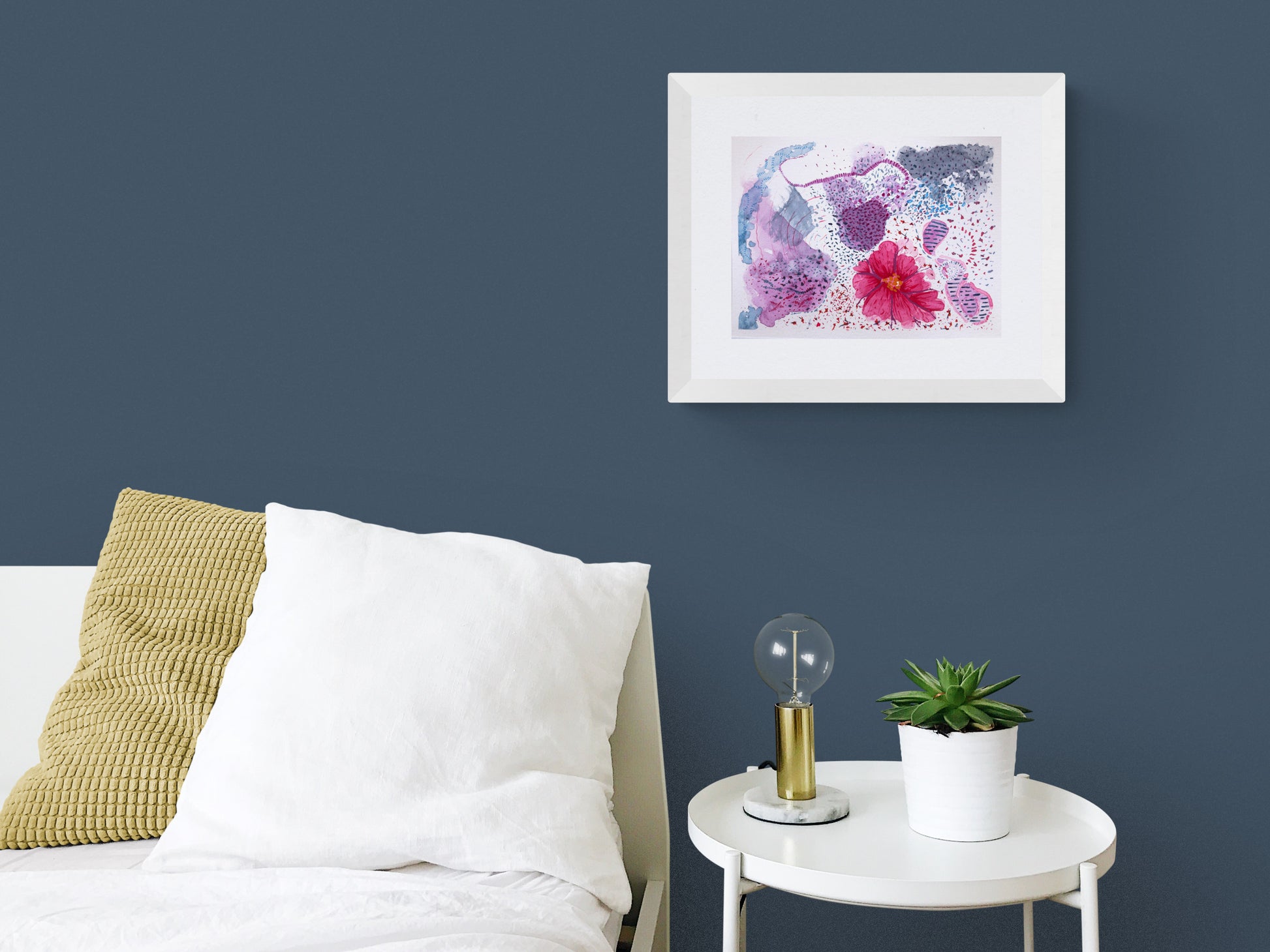 floral infinite framed watercolour painting in blue bedroom