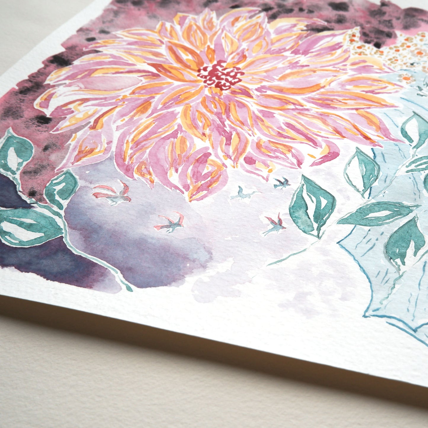 Watercolour textured paper and soft pink-orange flower in Dhalia Flow original painting