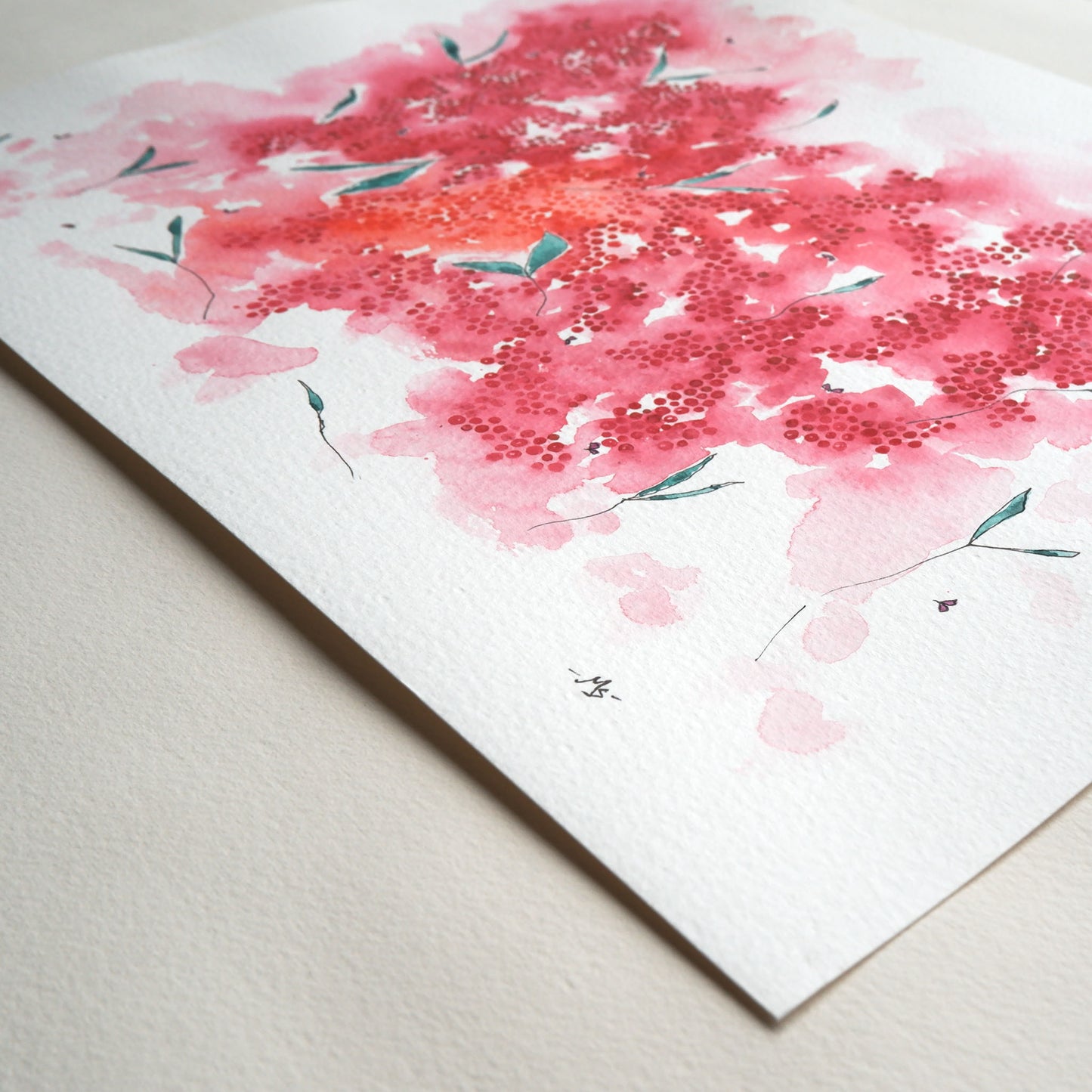 Watercolour paper texture of Crimson Lake painting of dots of bold red-pink and orange. Artist initials in bottom right corner.