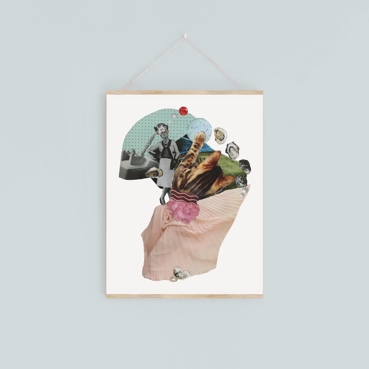 Fine art print named Dialed in displayed on a wall, hanging with an oak wood poster hanger.