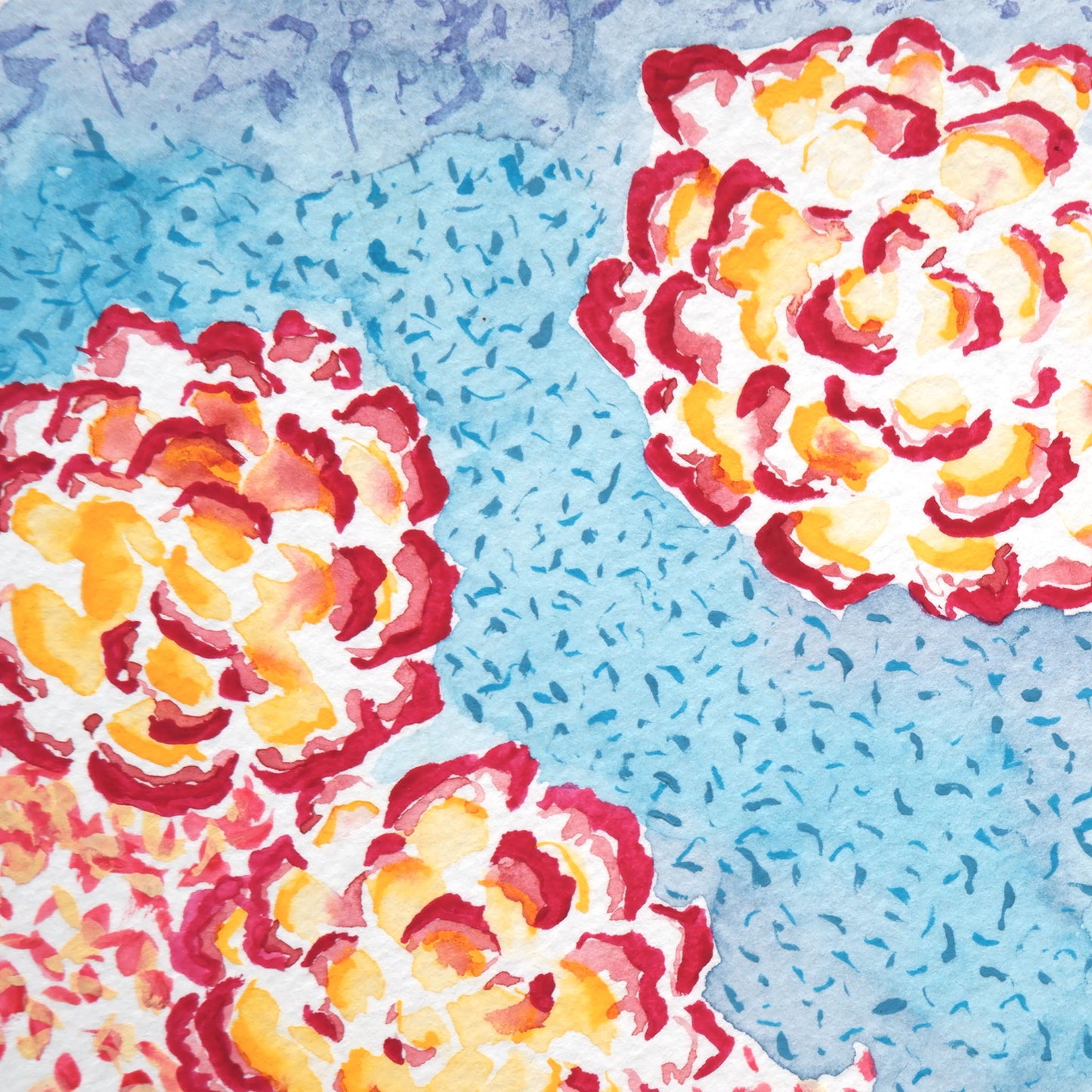 Bright and bold red, orange flower detail of Floral Endless original watercolour painting by artist Marissa Schiesser