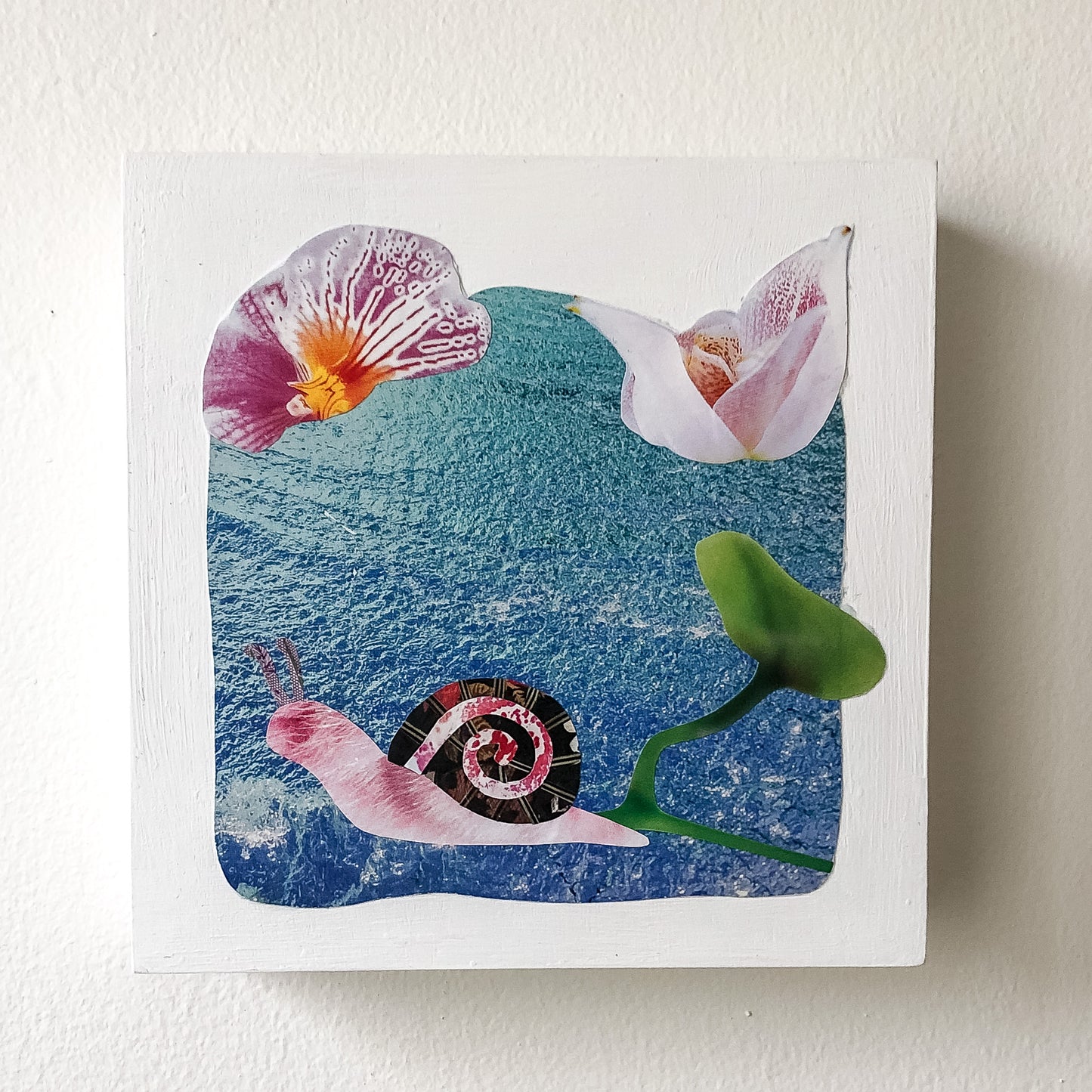 Pretty in Petals handcrafted analog collage art. On a painted white wood panel on a white wall. Collage of water background, pink snail with brocade patterned shell, flowers.