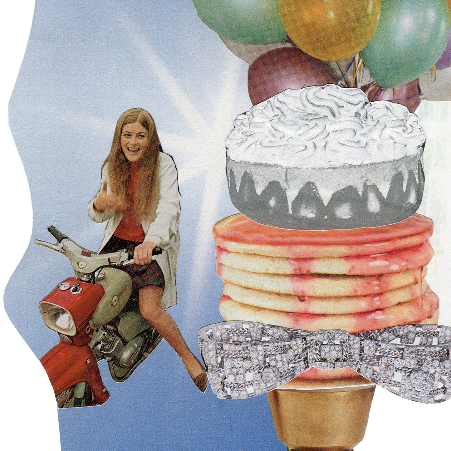 close up detail of a vintage image of a girl on a moped, long blonde hair, smiling