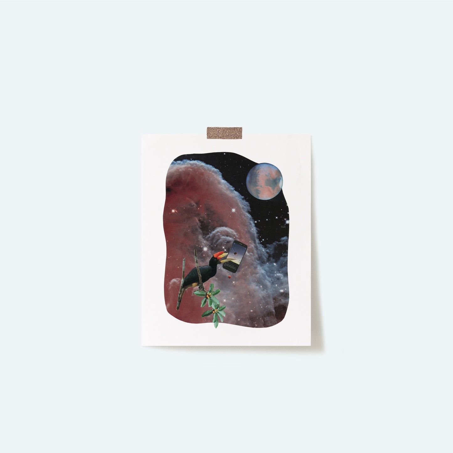 Picture of art print taped to a wall. Collage art print of original art Stolen Connections by artist Marissa Schiesser.
