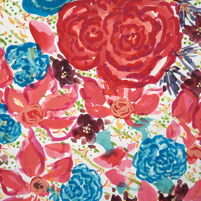 Detail of red and blue flowers in Not a Wallflower painting by Marissa Schiesser. Original watercolour and gouache painting.