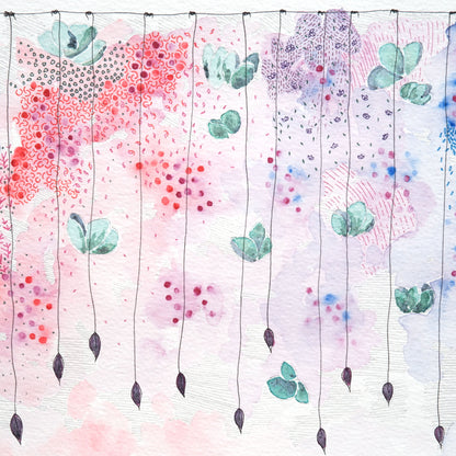 delicate dangle original watercolour painting in bright pink and blue with intricate details