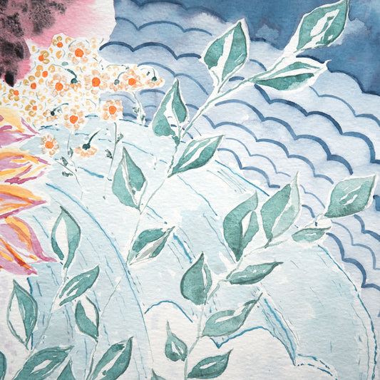 Detail of blue waves and light green leaves in Dhalia Flow original watercolour painting