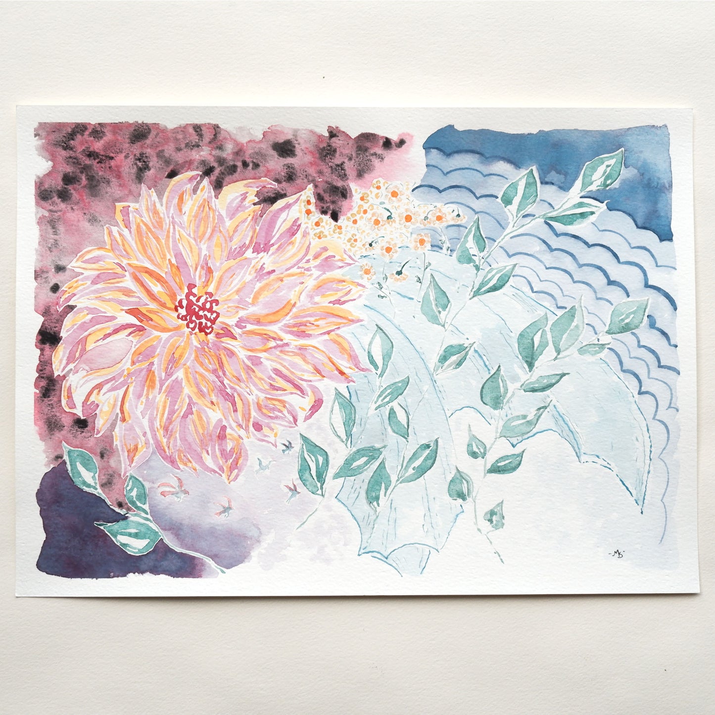 dhalia flow original watercolour painting by artist Marissa Schiesser