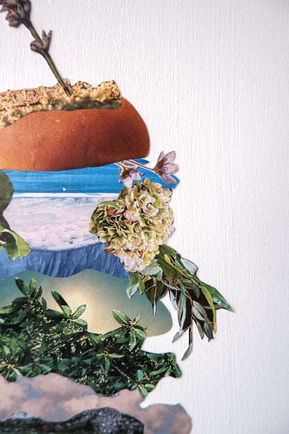 close up of Botanical Burger collage art, shows details of images of water, plants, flowers and sky.