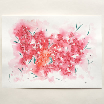 crimson lake original watercolour painting with dots of bold red-pink and orange. A colour-wash gives a flowing look, sprinkled with spring green leaves.