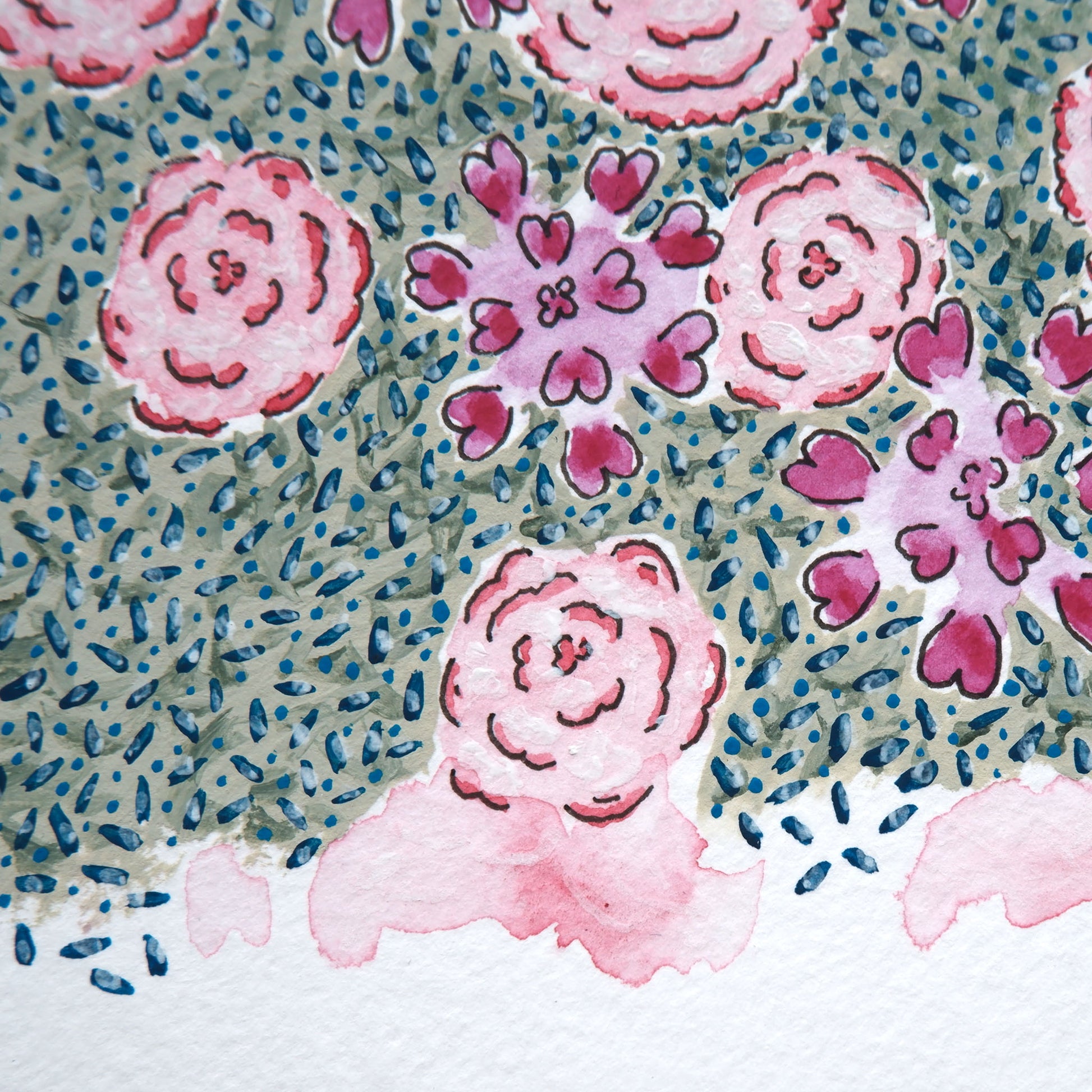 Close-up of Floral Eternal original watercolour painting shows sage green background speckled with dark green-blue impressions of leaves and pink heart petal details.