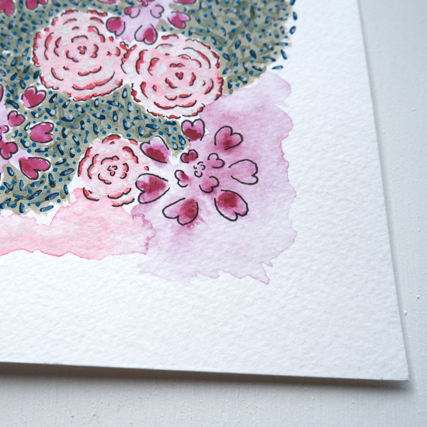 Close-up of Floral Eternal original watercolour painting shows watercolour textured paper and pink heart petal details.