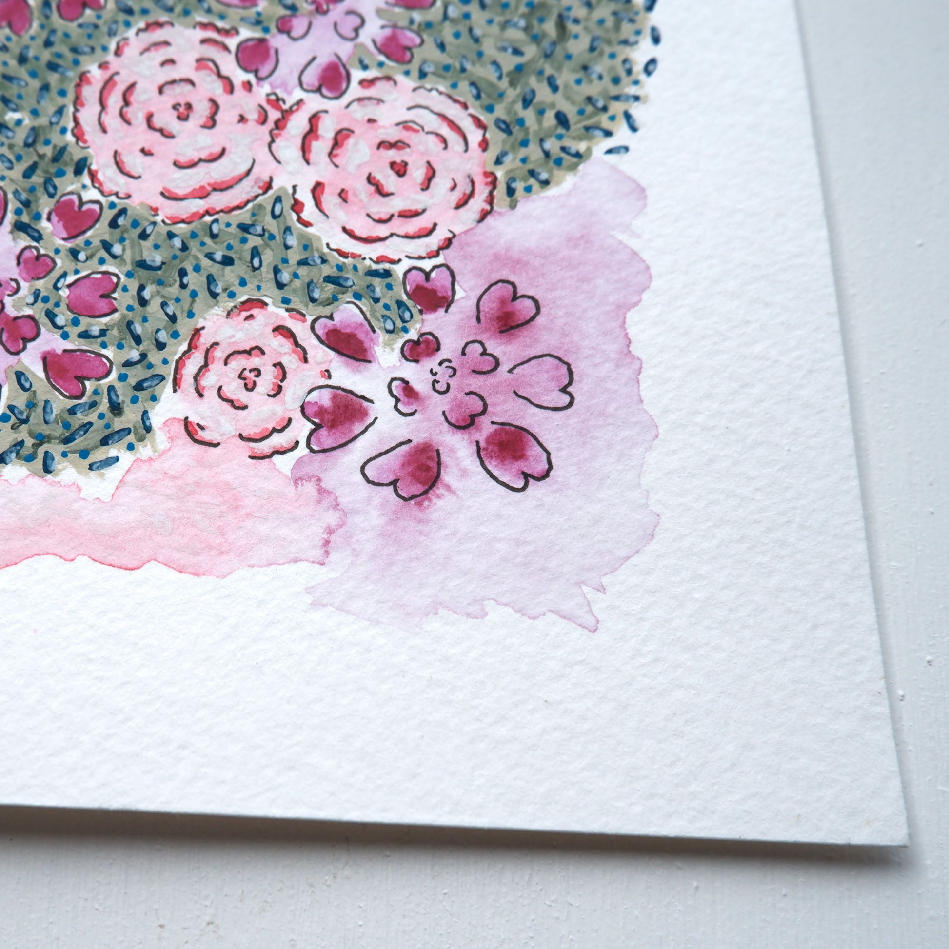 Close-up of Floral Eternal original watercolour painting shows watercolour textured paper and pink heart petal details.