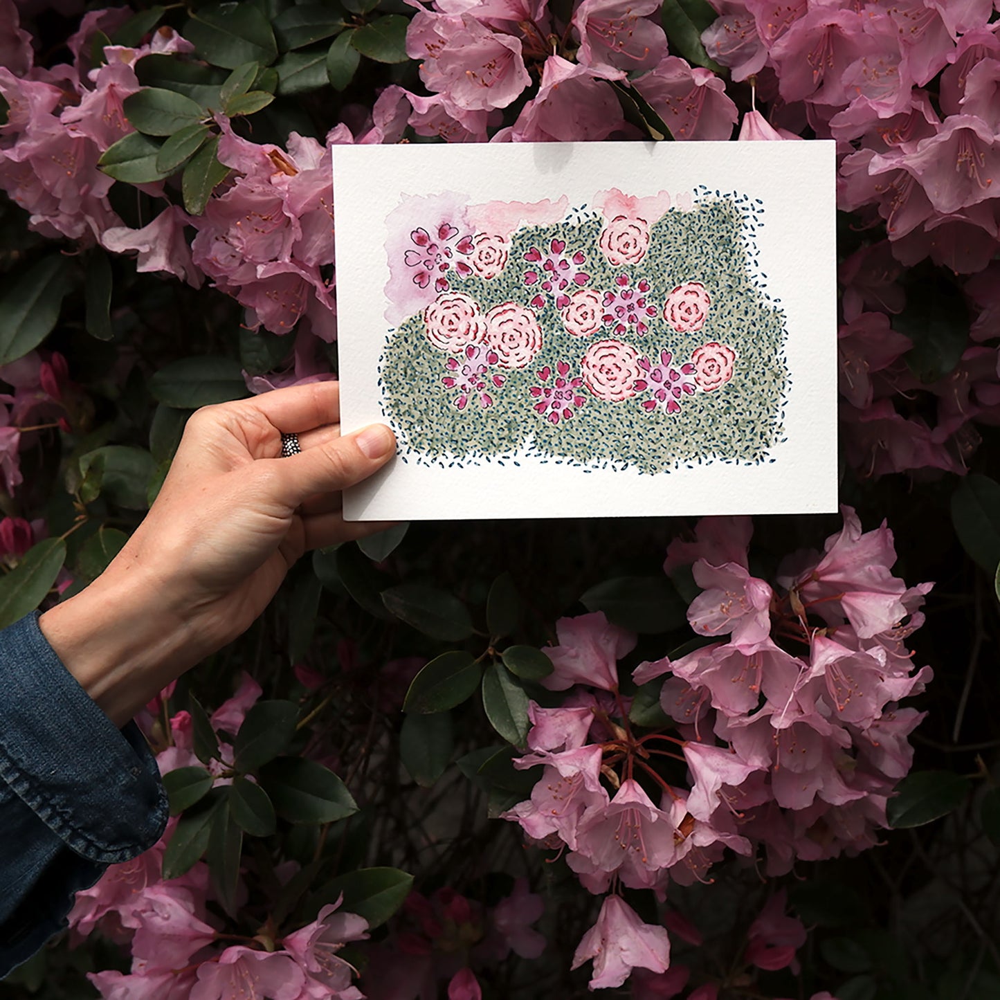 Hand holding floral watercolour painting in a garden in front of pink rhododendron flowers